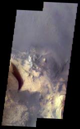 This two-image mosaic shows part of the floor of Melas Chasma on Mars as seen by NASA's 2001 Mars Odyssey spacecraft.