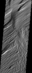The action of the wind is sculpting and removing material in this area on Mars. The older surface below is being re-exposed, a process called exhumation. This image is from NASA's 2001 Mars Odyssey.