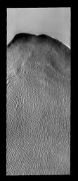 This large dune field is located in a trough of the north polar ice cap on Mars as seen by NASA's Mars Odyssey spacecraft.