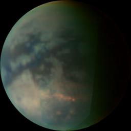 This image depicts Saturn's moon Titan as seen by NASA's Cassini visual and infrared mapping spectrometer after closest approach on a July 22, 2006, flyby.