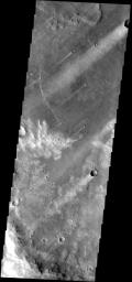 Windstreaks downwind of craters are a common feature in this region of Syrtis Planum on Mars as seen by NASA's Mars Odyssey spacecraft.