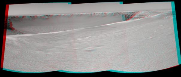 NASA's Mars rover Opportunity reached the rim of 'Victoria Crater' in Mars' Meridiani Planum region on Sept. 26, 2006. 3D glasses are necessary to view this image.