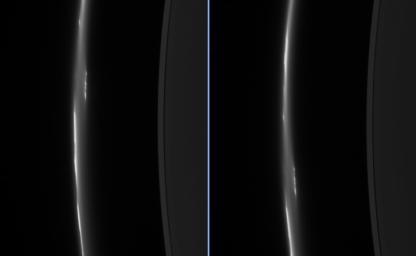 These two images from NASA's Cassini spacecraft, taken about eight minutes apart, show clump-like structures and a great deal of dust in Saturn's ever-changing F ring.