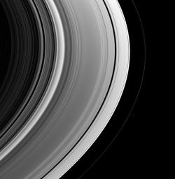 This view of the unlit side of Saturn's rings captures the small shepherd moon Pandora as it swings around the outside of the F ring. This image is from NASA's Cassini spacecraft.