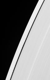 Daphnis cruises through the Keeler Gap, raising edge waves in the ring material as it passes. This image is from NASA's Cassini spacecraft.