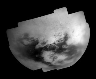 Bright and dark terrains on Titan's trailing hemisphere are revealed by NASA's Cassini Imaging Science Subsystem in this mosaic of images taken during the T28 flyby in April 2007.