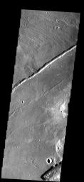 These thin, parallel ridges appear to be narrow lava flows from Alba Patera. The large fracture is part of Mareotis Fossae on Mars as seen by NASA's 2001 Mars Odyssey spacecraft.