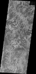 East of Adamas Labyrinthus is this region with a stark contrast between bright and dark surfaces on Mars as seen by NASA's Mars Odyssey spacecraft.