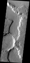 This unnamed channel complex in nothern Arabia Terra contains several different surface textures on the channel floor. The parallel ridges are unusally indicative of materials which contain volatiles on Mars as seen by NASA's Mars Odyssey spacecraft.