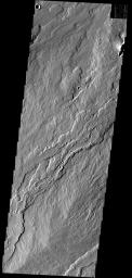 These lava flows are associated with Ascraeus Mons on Mars as seen by NASA's Mars Odyssey spacecraft.