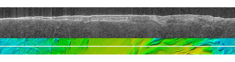 The upper image is a radargram showing data from the subsurface of Mars in the ice-rich layered deposits that surround the south pole. The lower image shows the position of the ground track (white line) on a topographic map