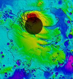 This map shows the topography of the south polar region of Mars. The elevation of the terrain is shown by colors, with purple and blue representing the lowest areas, and orange and red the highest