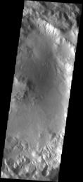 This image from NASA's Mars Odyssey spacecraft shows an unnamed crater in the southern hemisphere of Mars containing both gullies on the crater rim and sand dunes on the crater floor.