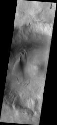 This image from NASA's Mars Odyssey spacecraft shows the floor of an unnamed crater east of Proctor Crater containing two types of dunes. To the north are coalescing small individual dunes, to the south a large linear dune that is becoming a sand sheet.