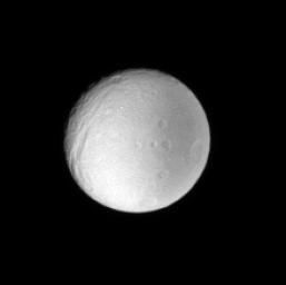 This low resolution view of Tethys provides scientists with useful information about the moon's surface properties, regardless of the image's small size. This image was taken with NASA's Cassini spacecraft's narrow-angle camera.