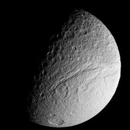 NASA's Cassini spacecraft provides an excellent view of the southernmost reaches of the great rift of Saturn's moon Tethys -- Ithaca Chasma.