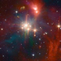 This image from NASA's Spitzer Space Telescope shows young stars plus diffuse emission from dust. The Corona Australis region (containing, at its heart, the Coronet cluster) is one of the nearest and most active regions of ongoing star formation.