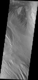 This image from NASA's Mars Odyssey spacecraft shows Ophir Chasma on Mars, a complex layered deposit with extensive erosion by wind and perhaps some erosion by water.
