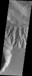 This image from NASA's Mars Odyssey spacecraft shows Hebes Chasma on Mars containing complex layered deposits that have been modified by wind action.