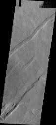 This image from NASA's Mars Odyssey spacecraft shows parallel graben, paired faults with a central downdropped block, located in the northeastern flank of Arsia Mons. The graben are aligned with the NE/SW trend of the three Tharsis volcanoes.