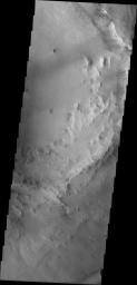 This image from NASA's Mars Odyssey spacecraft shows an unnamed crater located in Syrtis Major Planum. The inner portion of the rim at the top has failed in a mode termed 'slump.' A large section has slid to the floor creating a landslide-type deposit.