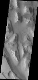 This image from NASA's Mars Odyssey spacecraft shows different levels of downcutting giving a stepped appearance to the mesas in this region of Hydroates Chaos on Mars.