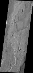 This image from NASA's Mars Odyssey spacecraft shows extensive lava flows in part of the Arsia Mons volcanic complex.