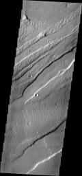 This image from NASA's Mars Odyssey shows lava flow in the lower portion shown is confined within the fault block walls of a graben. The graben are an extension of Sirenum Fossae into Daedalia Planum.