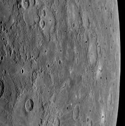 Just nine minutes after NASA's MESSENGER spacecraft passed 200 kilometers (124 miles) above the surface of Mercury, its closest distance to the planet during the January 14, 2008, flyby, the Wide Angle Camera (WAC) snapped this image. 