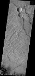 This image from NASA's Mars Odyssey shows sub-radial grooves are typical of the surface of landslides on Mars. This particular landslide in Melas Chasma is quite large.
