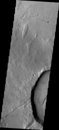 This image from NASA's Mars Odyssey shows a crater west of Claritas Fossae containing internal fractures that have been partially filled by a later deposit. 