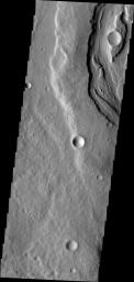 This image from NASA's Mars Odyssey shows a small section of Padus Vallis, one of the many valles that empty into the Medusa Fossae Formation region.