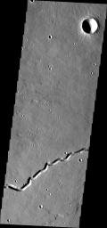 This image from NASA's Mars Odyssey shows a simple channel, just one of the many lava channels in the Elysium Volcanic complex.