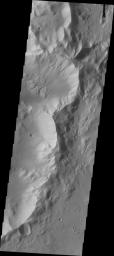 This image from NASA's Mars Odyssey shows channels in this southern crater on Mars arising from several locations on the rim and cut down through the interior floor materials.