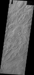 This image from NASA's Mars Odyssey shows a small portion of the western floor of Hellas Basin on Mars. The curved, broad ridges are separated by lower elevations filled with smaller, linear ridges.