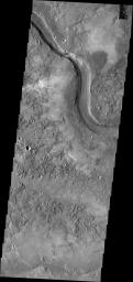This image from NASA's Mars Odyssey shows Granicus Valles originating from fracture systems of the Elysium Volcanic Complex. This channel system was likely produced by volcanic flows.