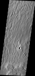 This image from NASA's Mars Odyssey shows an interesting surface texture located in Elysium Planitia on Mars. The upper layer appears to have a linear pattern eroded into the material.