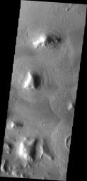 This image from NASA's Mars Odyssey shows many small hills and mesas of Deuteronlilus Mensae surrounded by debris illustrating some of the different textures that are found in the debris aprons.