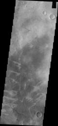 This image from NASA's Mars Odyssey shows windstreaks located to the northeast of Meridiani Planum. The 'tails' point in different directions, indicating that the winds in the region vary in direction.