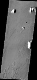This image from NASA's Mars Odyssey shows channels and streamlined islands, part of Marte Valles on Mars, an extensive set of lava channels.