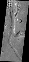 This image from NASA's Mars Odyssey shows channels and streamlined islands, part of Hebrus Valles on Mars.