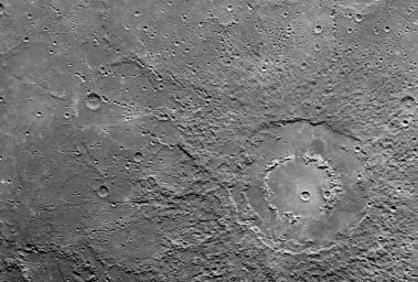 This scene was imaged by NASA's MESSENGER spacecraft's Narrow Angle Camera (NAC) on the Mercury Dual Imaging System (MDIS) during the spacecraft's flyby of Mercury on January 14, 2008.