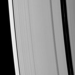 Saturn's Encke and Keeler gaps are visible in this image of the outer A ring. Brightness variations are clearly visible in the Encke ringlet. This image was captured by NASA's Cassini spacecraft on Oct. 23, 2008.
