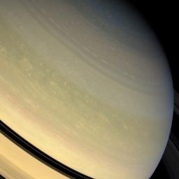A chef's bounty of colors is represented in this full color view of Saturn's northern hemisphere. Butternut, peach, and olive hues have replaced the azure blue of winter. This image was captured by NASA's Cassini spacecraft's wide-angle camera.