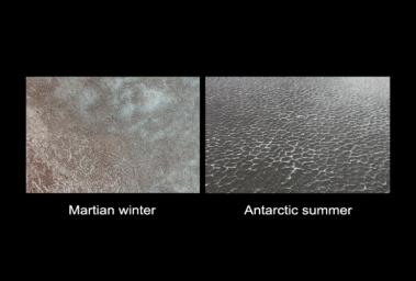 NASA's Phoenix Mars Lander targeted landing area before the winter frost had entirely disappeared from the surface. The bright ice in shallow crevices accentuates the area's polygonal fracturing pattern.