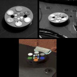 This image shows three color targets taken by the Surface Stereo Imager (SSI) onboard NASA's Phoenix Mars Lander.