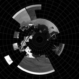 This image is a polar projection mosaic of all data received as of the end of sol 2 from the right eye of the Surface Stereo Imager (SSI) instrument onboard NASA's Phoenix Mars Lander.