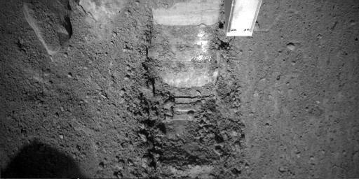 This image was taken by NASA's Phoenix Mars Lander's Robotic Arm Camera (RAC) on the ninth Martian day of the mission, or Sol 9 (June 3, 2008). The center of the image shows a trench informally called 'Dodo' after the second dig.