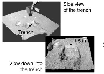 NASA's Phoenix Mars Lander shows a side view and a downward view into the trench it was digging in June of 2008.