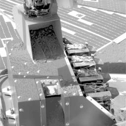 The Robotic Arm on NASA's Phoenix Mars Lander has just delivered the first sample of dug-up soil to the spacecraft's microscope station in this image taken by the Surface Stereo Imager.